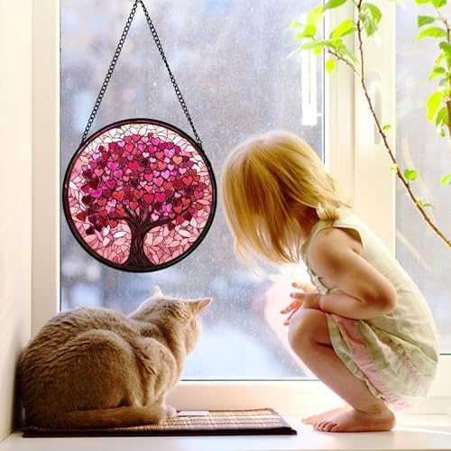 DASTOLL Pink Love Tree of Life Stained Glass Suncatcher