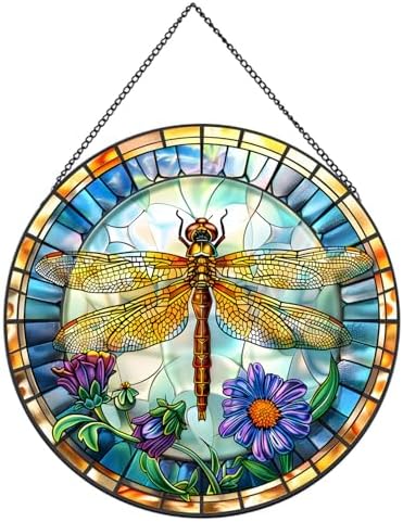 Flowers and Dragonfly Stained Glass Suncatcher for Windows
