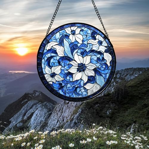 Stained Glass Window Hanging Blue White Flowers Suncatcher 63 In