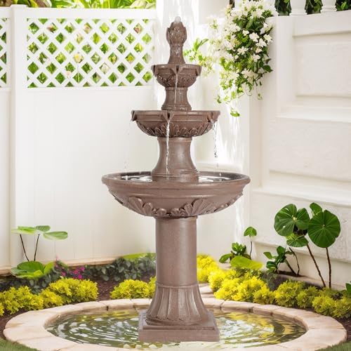 Italian Pagoda 3-Tier Outdoor Water Fountain with Roman Pillars Brown