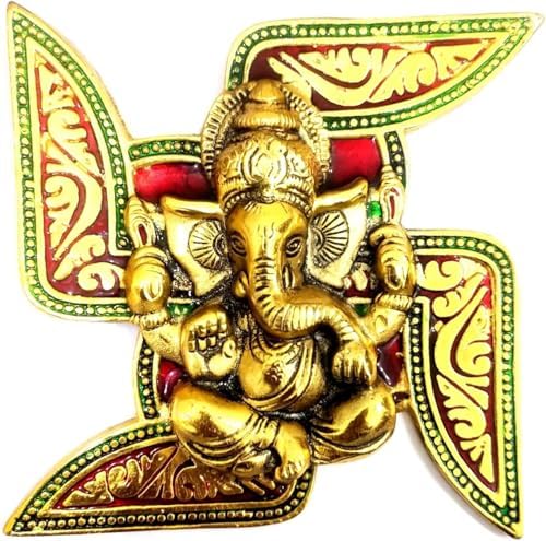 Metal Ganesha Wall Hanging with Swastik Design and Gold Red Finish