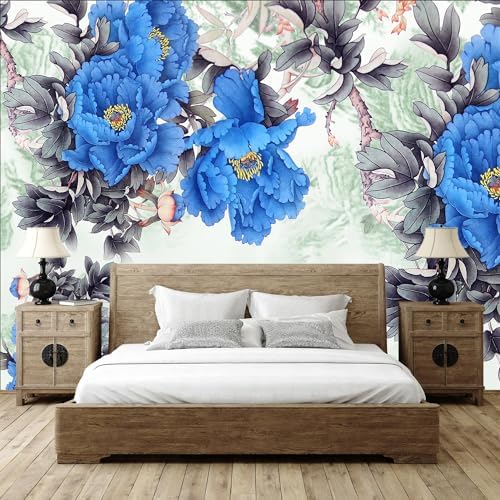 3D Blue Flower Wallpaper Ink Painting for Home Decor