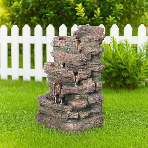 Biling 5-Tier Rock Water Fountain with LED Lights and Artificial Fern