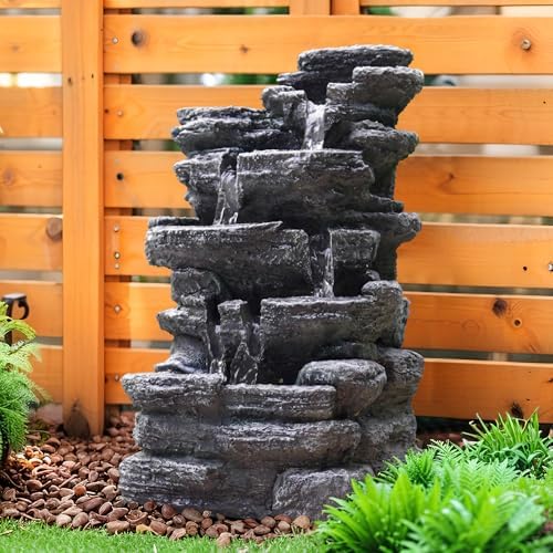 Biling 5-Tier Rock Water Fountain with LED Lights and Artificial Fern 1