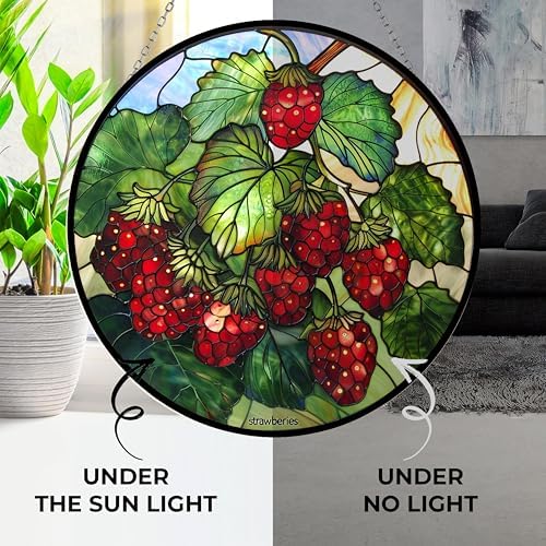 Customized Strawberries Suncatcher 12 Inch Hand Painted Glass Panel