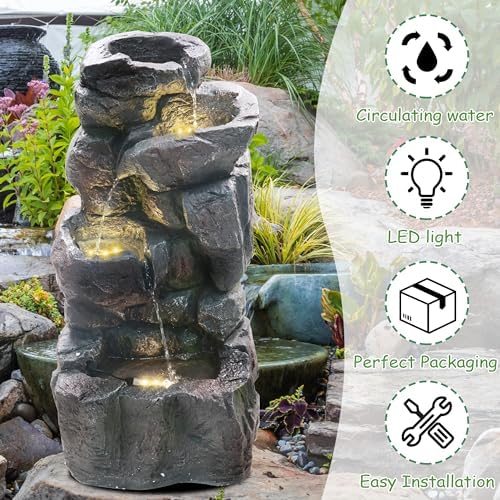 4-Tiers Cascading Rock Water Fountain with LED Light