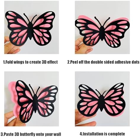3D Pink Butterfly Wall Art with Removable Stickers - 48 Pcs Black Pink