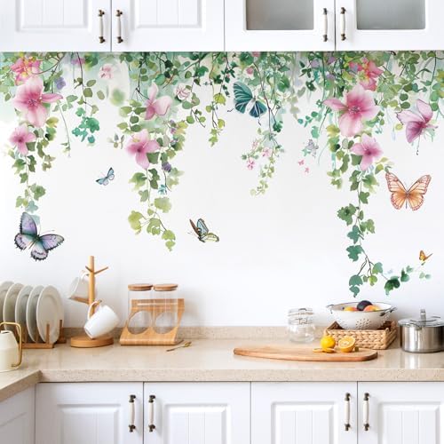 Flower Vine Wall Decals Green Leaves Butterfly Plant Decor
