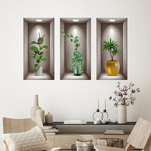3D Potted Plants Wall Stickers Set of 3 Green Decor