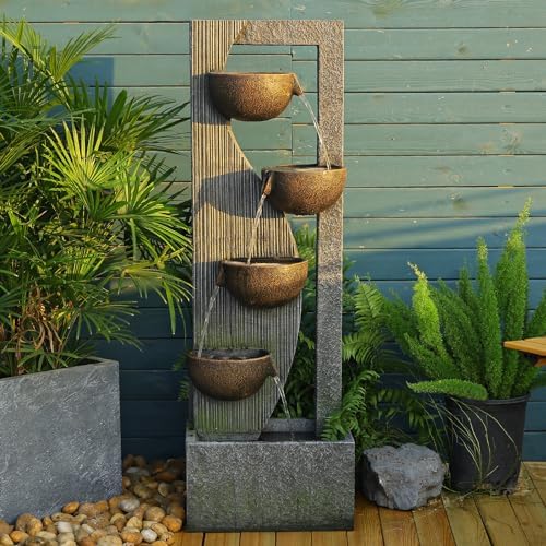 Sunlinua 5-Tier Outdoor Water Fountain with LED Lights and Natural Stones
