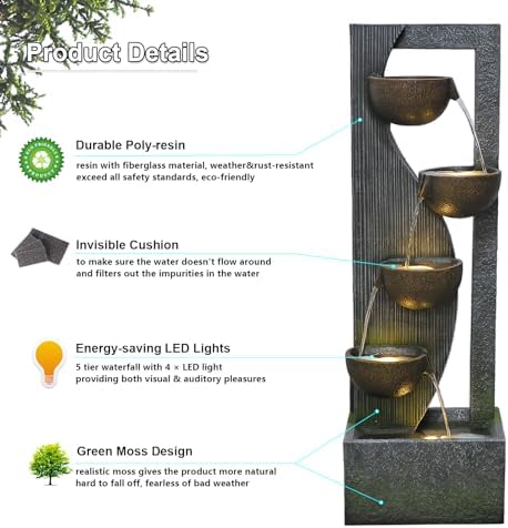 Sunlinua 5-Tier Outdoor Water Fountain with LED Lights and Natural Stones