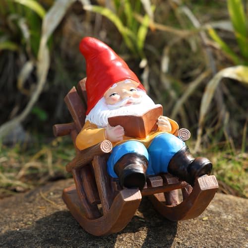 Garden Gnome Reading in Rocking Chair Resin Outdoor Statue
