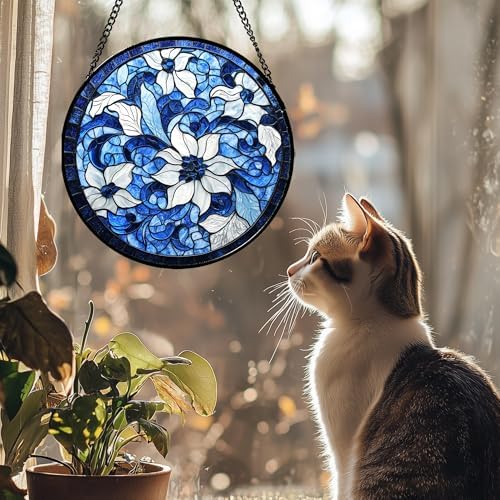 Stained Glass Window Hanging Blue White Flowers Suncatcher 63 In