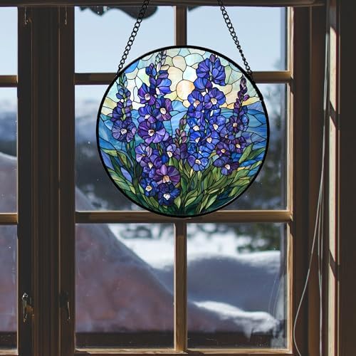 Stained Glass Window Hanging Blue Delphinium 63 in