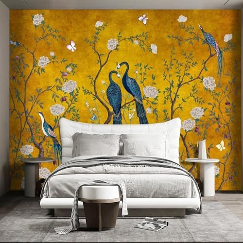 Golden Chinese Style Flowers Birds Wall Mural - 91x65 Inch