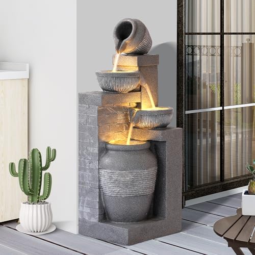 32 Modern Freestanding Garden Fountain with 4 Bowls and LEDs