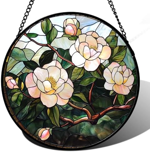 Stained Glass Suncatcher with Pink Flowers and Green Leaves
