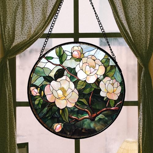 Stained Glass Suncatcher with Pink Flowers and Green Leaves