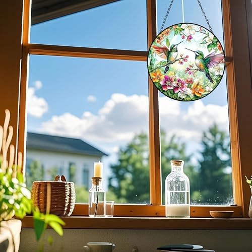 Voyakolo Hummingbird Stained Glass Suncatcher - 8 Inch Round Handmade Decor