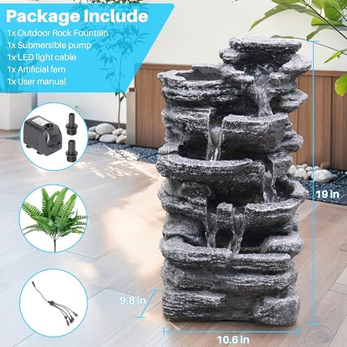 Biling 5-Tier Rock Water Fountain with LED Lights and Artificial Fern 1
