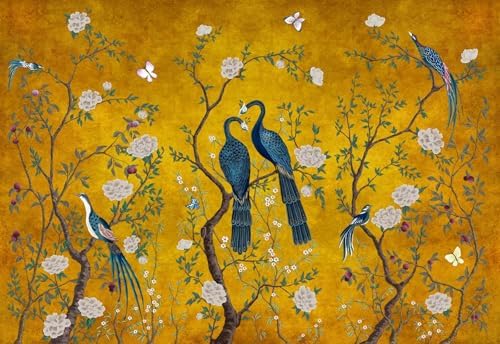 Golden Chinese Style Flowers Birds Wall Mural - 91x65 Inch