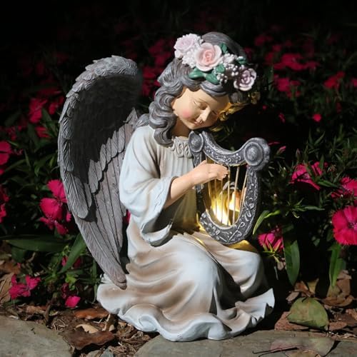 Solar Angel Garden Statue Harp Playing Decor