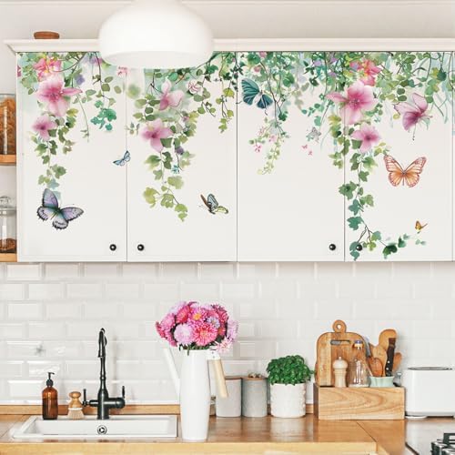 Flower Vine Wall Decals Green Leaves Butterfly Plant Decor