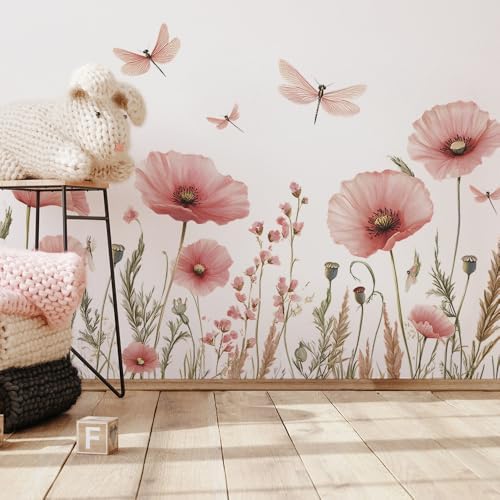 Watercolor Pink Flower Dragonfly Wall Sticker Botanical Design