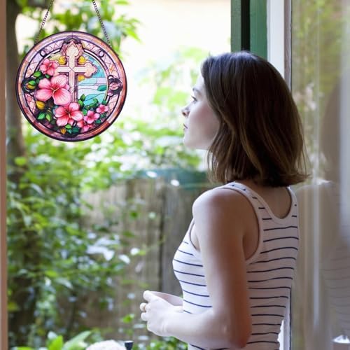 Flowers Cross Stained Glass Suncatcher Window Decor