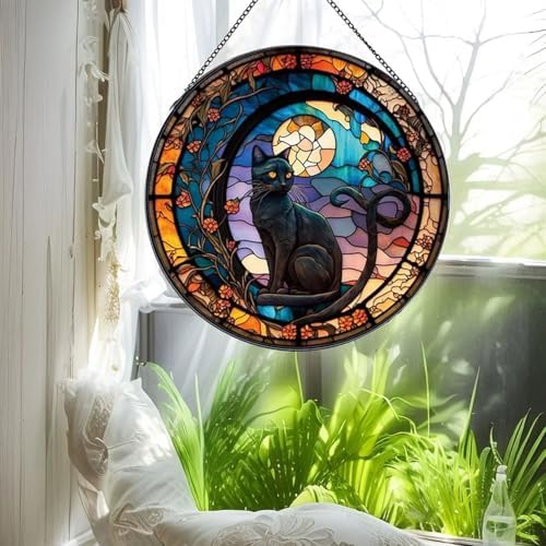 Black Cat Stained Glass Window Suncatcher Decoration