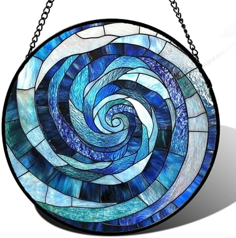 Blue Abstract Swirl Stained Glass Suncatcher Hanging for Windows