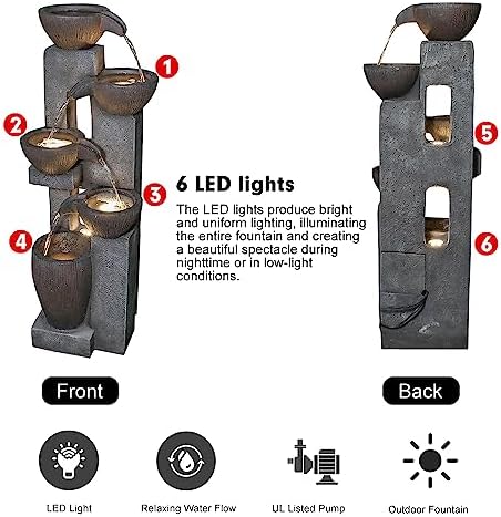 5-Tier Outdoor Water Fountain with LED Lights and Pump