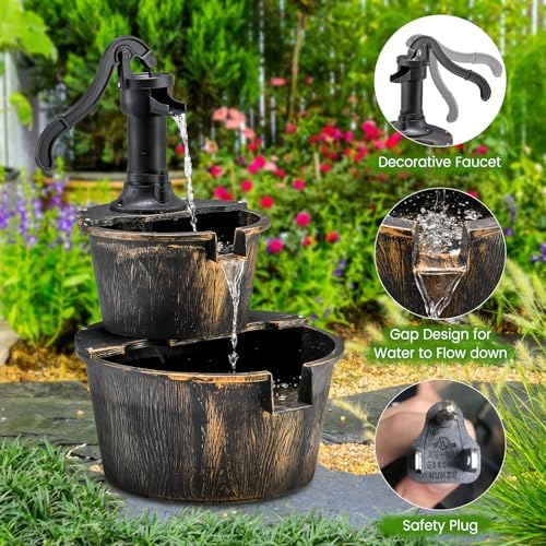 Happygrill 2-Tier Barrel Water Fountain with Electric Pump