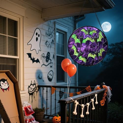Halloween Stained Glass Suncatcher Black Bat with Green Wings 98 in