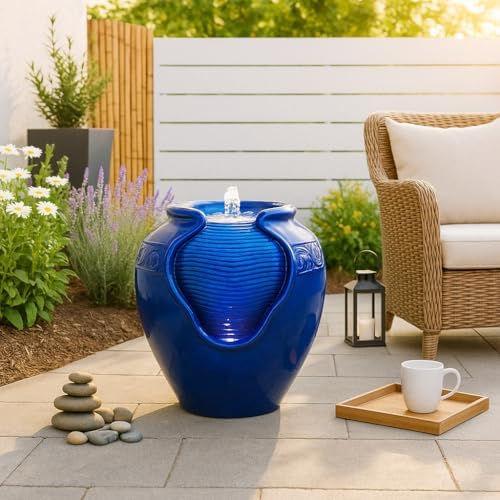 Teamson Home Royal Blue Outdoor Water Fountain with LED Lights and Pump