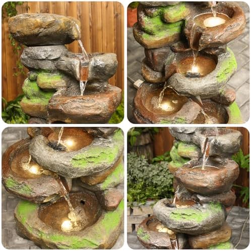 YZM 374 Inch 6-Tier Cascading Rock Water Fountain with LED Lights