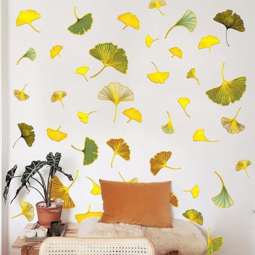 Lilacanthara 12 Sheets Ginkgo Leaf Wall Decals Gold Leaves Stickers