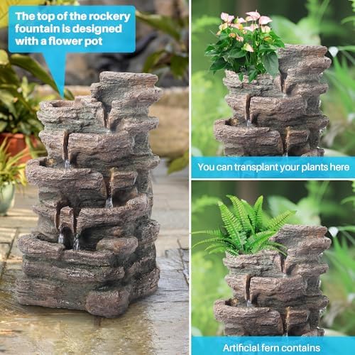 Biling 5-Tier Rock Water Fountain with LED Lights and Artificial Fern