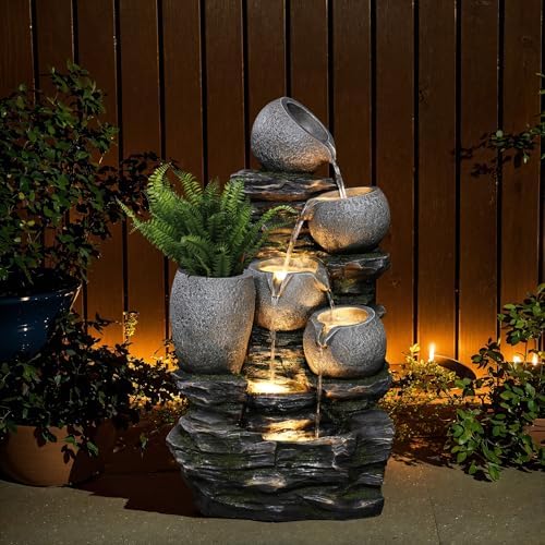 LuxenHome 29 Inch Tall Outdoor Water Fountain with LED Lights