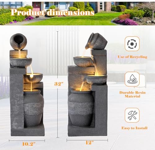 32 Modern Freestanding Garden Fountain with 4 Bowls and LEDs