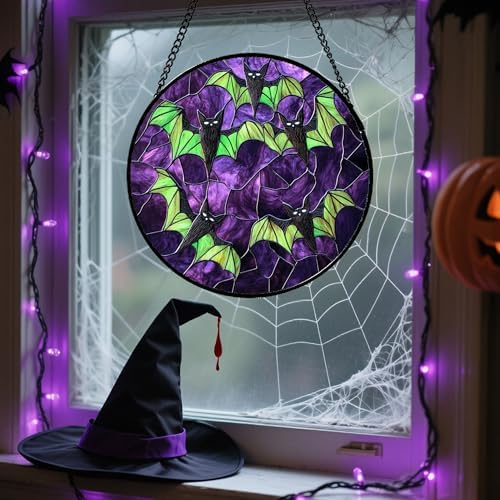Halloween Stained Glass Suncatcher Black Bat with Green Wings 98 in