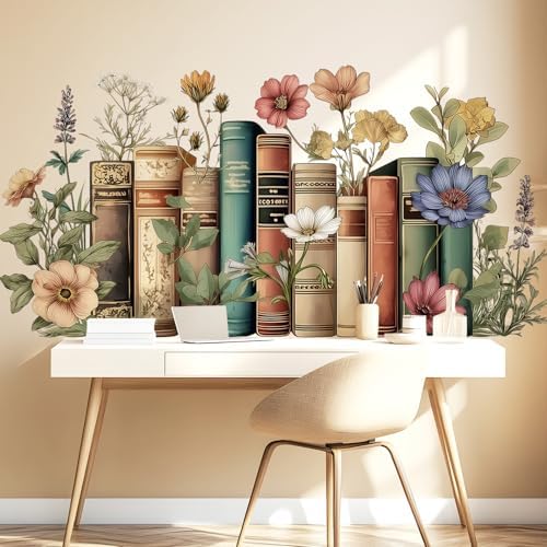 Large Flowers Books Wall Decals Peel and Stick