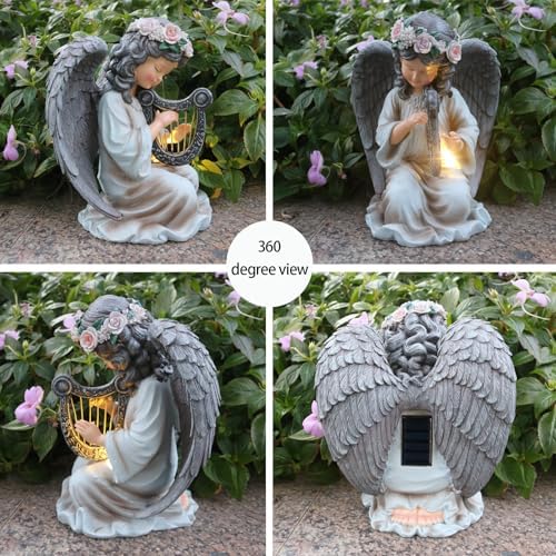 Solar Angel Garden Statue Harp Playing Decor
