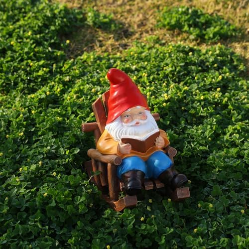 Garden Gnome Reading in Rocking Chair Resin Outdoor Statue