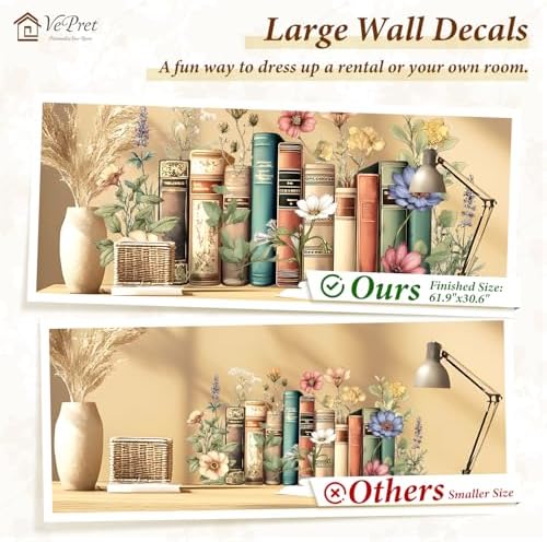 Large Flowers Books Wall Decals Peel and Stick