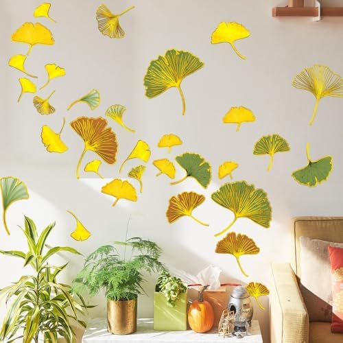 Lilacanthara 12 Sheets Ginkgo Leaf Wall Decals Gold Leaves Stickers