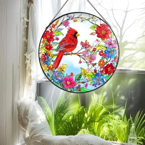Cardinal Stained Glass Suncatcher for Window 787 Inch Round Wall Art