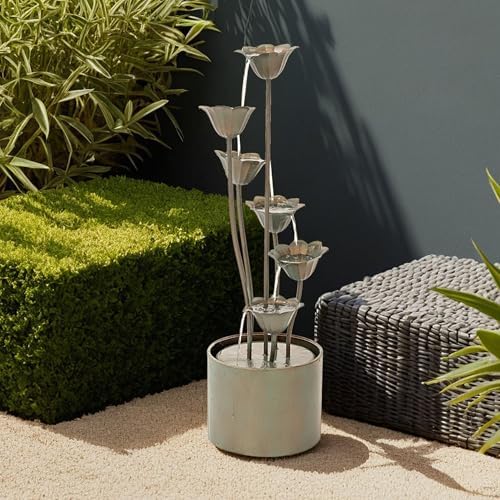 XBrand Metal Multi-Tiered Flower Water Fountain Silver 35 Inch Tall
