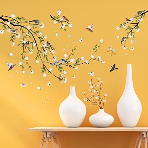 Green Vine Wall Decal with White Flowers and Birds