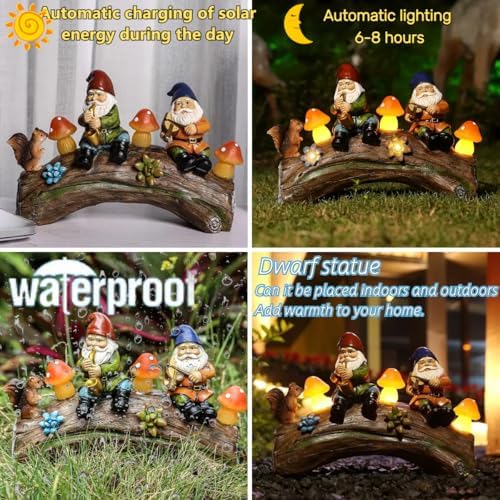 Funny Garden Gnome Statue with Solar Mushroom Light